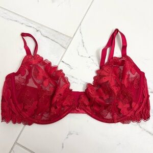 Victoria’s Secret Low Cut Demi Bra 36D Red Lace Sheer Festival Sexy Unlined